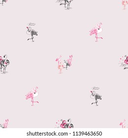 Flamingo couples pattern. Tropical birds on pink background. Black hand drawn graphic illustration.