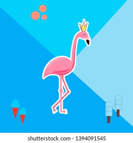 Flamingo in the crown. Cute sticker on blue geometrical backgroung with ice cream and oranges. Vector illustration.