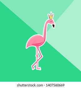 Flamingo in the crown. Cute sticker on  green geometrical backgroung. 