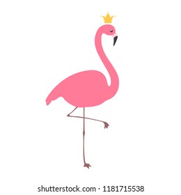 Flamingo with crown. Flat design. Isolated on white background