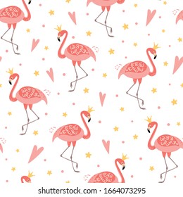 Flamingo crown seamless pattern template. Pink flamingo for girls party, girly design, vector