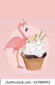 Flamingo with cupcake. Birthday card. Poster. Invitation. Vector