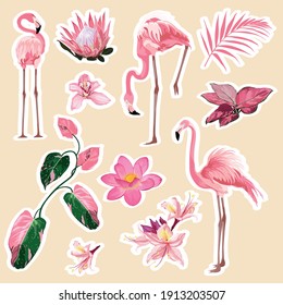 Flamingo, cute animals, tropical flowers. Set of cartoon stickers, patches, badges, pins, prints for kids. Doodle style illustration.