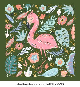 Ilustración vectorial plana dibujada a mano de doodle flamingo lindo. Anuncio de fondo floral de vectores de animales de selva silvestre.Ramas de hierbas con hojas, flores y elementos de diseño de manchas. Selva tropical. 