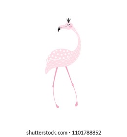 Flamingo cute print. Little princess. Tropical girl bird with crown. Cool child vector. Hand draw illustration for t-shirt, kids apparel and other design.