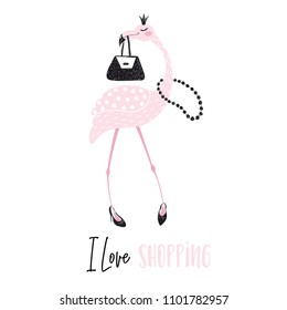 Flamingo cute print. I love shopping slogan. Tropical girl bird with crown, beads, bag and shoes. Fashion child vector. Hand draw illustration for t-shirt, kids apparel and other design.