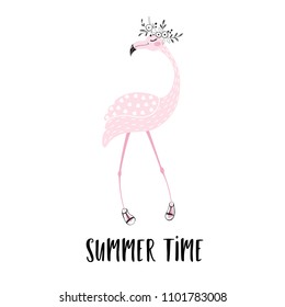 Flamingo cute print. Summer time slogan. Tropical girl bird with flower wreath and sandals. Cool child vector. Hand draw illustration for t-shirt, beach kids apparel and other design.