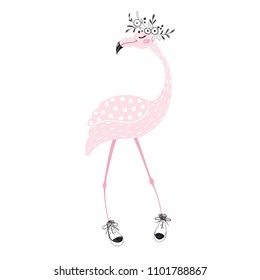 Flamingo cute print. Summer time slogan. Tropical girl bird with flower wreath and sneakers. Cool child vector. Hand draw illustration for t-shirt, beach kids apparel and other design.