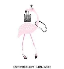 Flamingo cute print. Tropical girl bird with crown, beads, shopping bag and shoes. Fashion child vector. Hand draw illustration for t-shirt, kids apparel and other design.