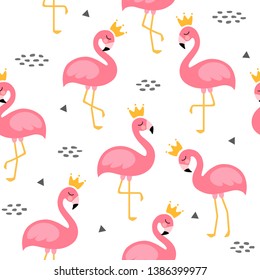 Flamingo Cute Seamless Pattern with prince or princess crown, Summer Wallpaper Background, Cartoon Vector illustration