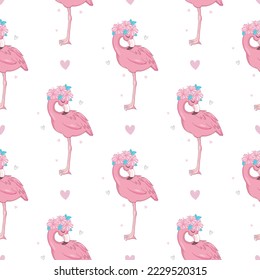 Flamingo Cute Seamless Pattern , Summer Wallpaper Background, Cartoon Vector illustration
