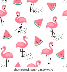 Flamingo Cute Seamless Pattern with watermelon slice, Summer Wallpaper Background, Cartoon Vector illustration