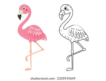 Caricatura de ilustraciones vectoriales lindas de Flamingo aislada en fondo blanco. Vector de flamenco colorido e incoloro. Cuta página de coloreo para los niños. 