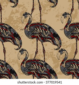Flamingo decorated with floral ornaments on grunge background. Vintage colorful seamless pattern. Hand drawn vector illustration