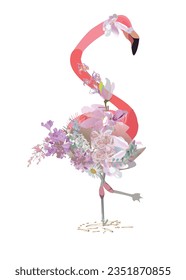  Ein Flamingo mit Frühlings- und Sommerblumen. Handgezeichnete Vektorgrafik.