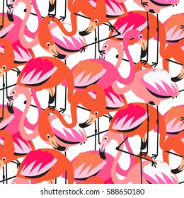 Flamingo dense red seamless pattern. Paradise birds vector pink background for textile print and wrap paper.