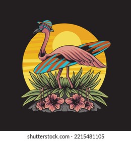 flamingo design illustration with surfboard and floral with vintage style