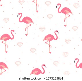 Flamingo and diamond seamless pattern. Cute pink ornament for fabric