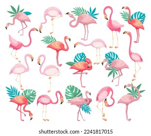 Flamingo in Different Poses with Tropical Leaves Behind Vector Set