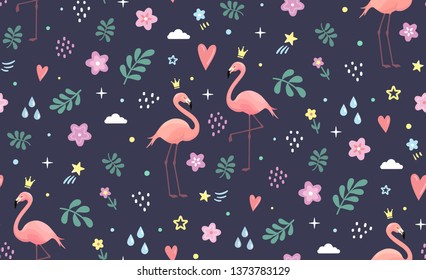 Flamingo with doodle style elements. Seamless vector pattern for textile, print or web design.