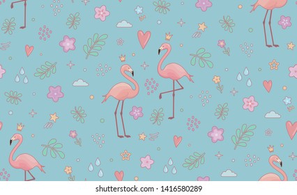 Flamingo doodle style seamless pattern. Vector