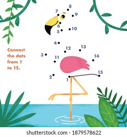 Flamingo. Dot to Dot. Connect the dots from 1 to 15. Maths and numbers. Puzzle game for kids. Vector illustration. 