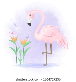 Flamingo with dragonfly and bird of paradise flower plant hand drawn illustration
