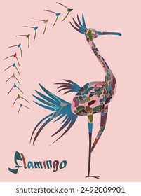 Flamingo drawing for design of designer items and for exotic travel