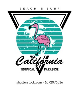 Flamingo drawing on palm tree silhouette with text / Vector illustration design for fashion graphics, slogan tees, t shirts, prints, stickers and other uses.