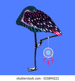 Flamingo Dreamcatcher vector illustration. Graphic design. Tribal concept. Native american inspired. Dream protection symbol. Template for t-shirts, cards, posters, cases and etc.