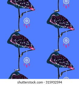 Flamingo Dreamcatcher vector illustration. Graphic design. Tribal concept. Native american inspired. Dream protection symbol. Seamless pattern template