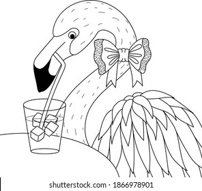 Flamingo drinking cocktail glass on the trees for coloring book, coloring page. Vector illustration