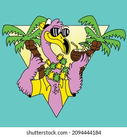 FLAMINGO DRINKING COCONUT WATER ON THE BEACH