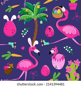 Flamingo Fiesta de caza de huevos de Pascua - Graciosos dibujos animados flamencos, palmeras y huevos. Cactus, caracteres. Juego de doodles dibujado a mano para los niños. Para textiles, vivero, papeles pintados, papel de envoltura, ropa.