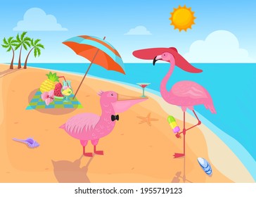 Flamingo eating ice cream on beach illustration. Pink bird wearing big hat and standing on leg, pelican in bowtie bringing cocktail, seaside, fruit under umbrella. Picnic, summer, beach party concept