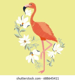 Flamingo embroidery, vector, illustration