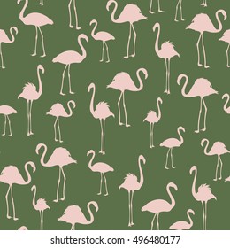 Flamingo exotic birds seamless pattern. Pale pink on kale green background. Vector design illustration for decor and textile.