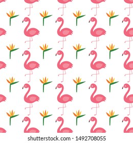 Flamingo and exotic flowers, seamless vector pattern