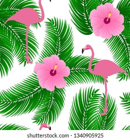 Flamingo exotic seamless pattern with palm leafs, pink flower. Texture concept for fabric, textile, web design, banner, poster, print, wallpaper. Vector illustration
