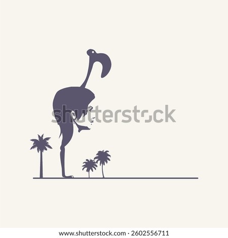 A flamingo or face profile view. Optical illusion. Bird with body of human head and landscape with palm trees.