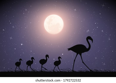 Flamingo family. Bird silhouettes in grass. Moon in night starry sky