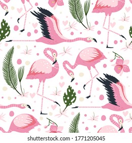 Vector de aves de la familia Flamingo sin fisuras. Caricatura de fondo tropical de verano con animales rosados de selva exótica, palma trópica y flores. Ilustración infantil.