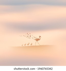 Flamingo family, flying birds. Endangered animal. Death and afterlife