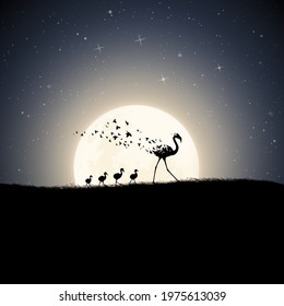 Flamingo family, moonlight night. Endangered bird. Death and afterlife