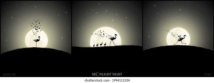 Flamingo family, moonlight night. Endangered bird. Death and afterlife