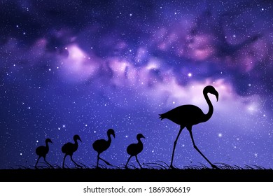 Flamingo family at night. Birds silhouettes. Starry sky and Milky Way