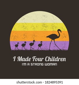 Flamingo family walking in grass. Retro illustration with bird mother and children isolated silhouettes. Multicolor texture background. Romantic vector design for prints, t-shirts