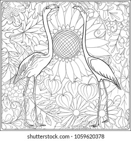 Flamingo in fantasy flower garden. Outline hand drawing. Good for coloring page for theÂ adult coloring book. Stock vectorÂ illustration.