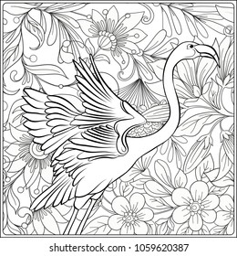 Flamingo in fantasy flower garden. Outline hand drawing. Good for coloring page for theÂ adult coloring book. Stock vectorÂ illustration.