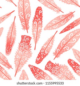 Flamingo feather brigth colorful hand drawn swirls. Seamless pattern. Vector illustration isolated on white background.